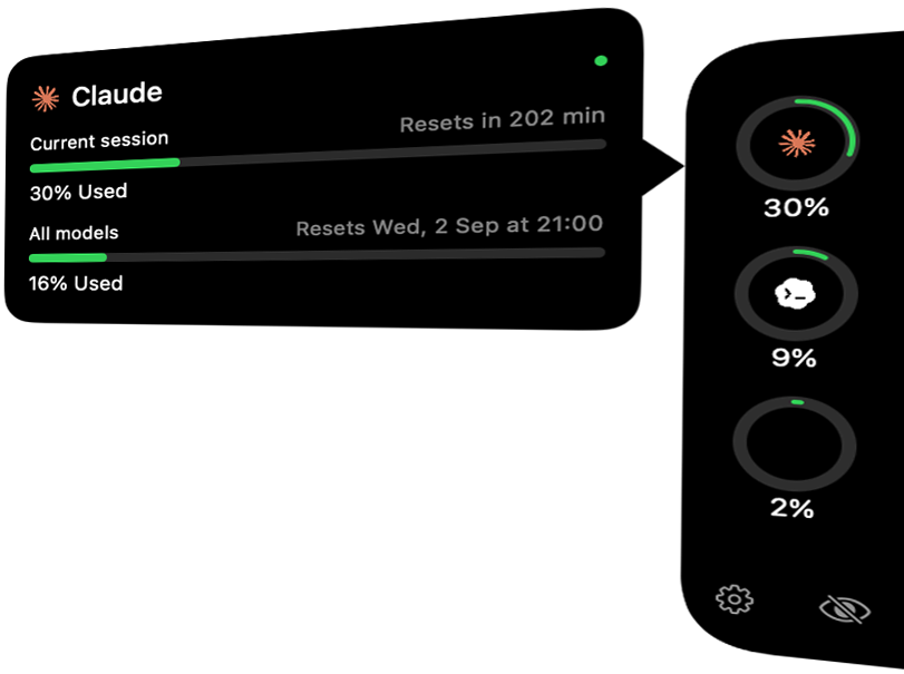 Metria usage dashboard showing Claude limits and provider gauges